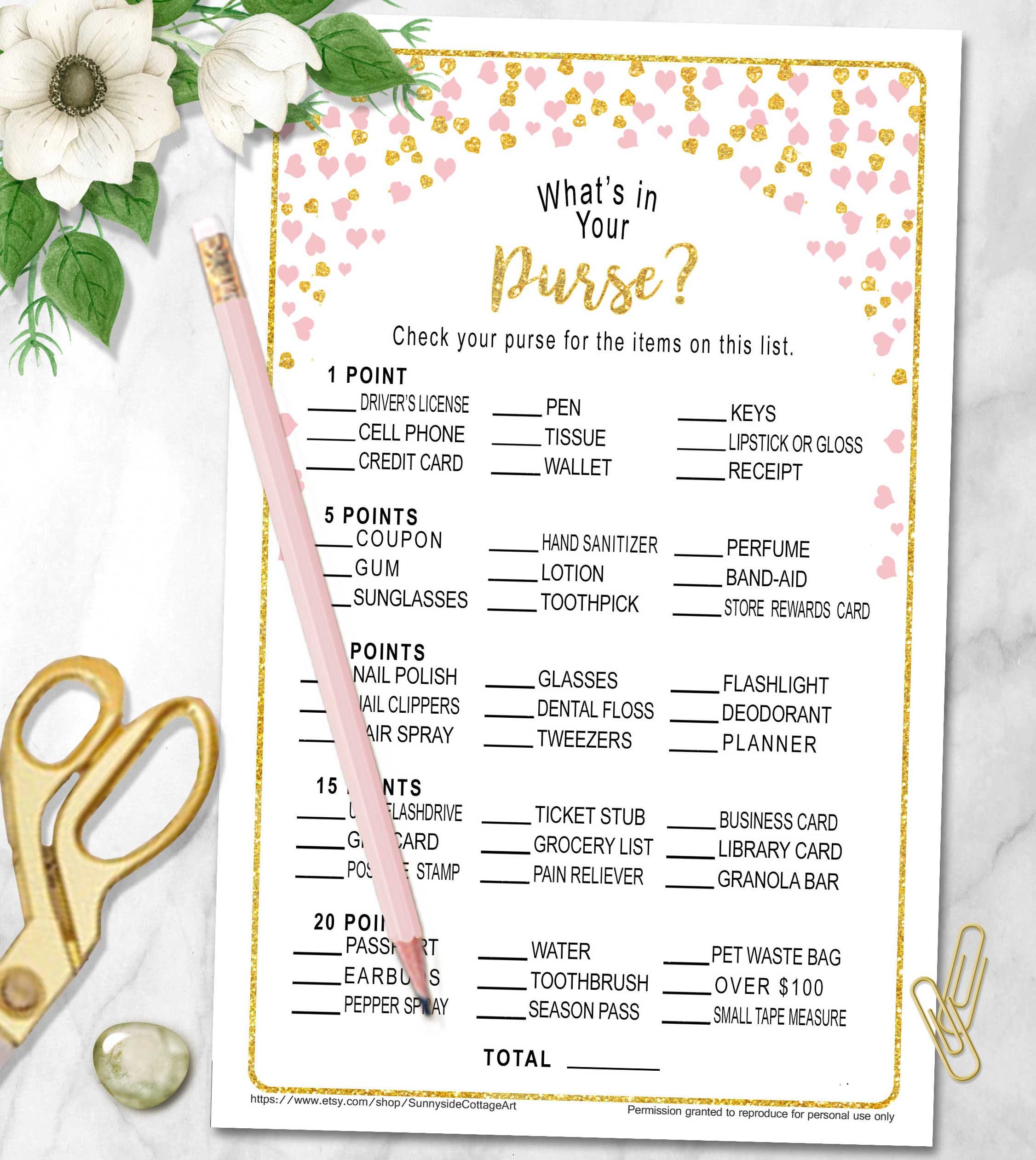 WHAT'S in Your PURSE Bridal Shower Game With Gold and Etsy Hong Kong