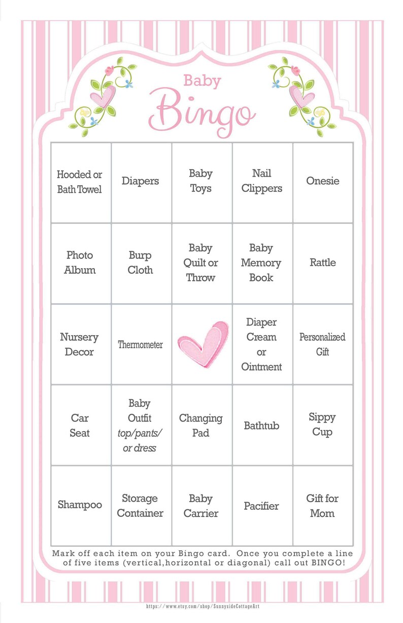 66 card Baby BINGO pre-populated cards with vintage pink and white ticking stripes No DUPLICATES diy PRINTABLE 29BA