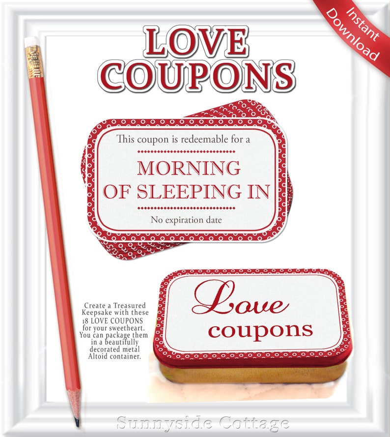 Gift for your sweetheart, LOVE COUPONS in a decorated altoid tin, Father's Day, Birthday Coupons, Instant Download Anniversary, Christmas image 1