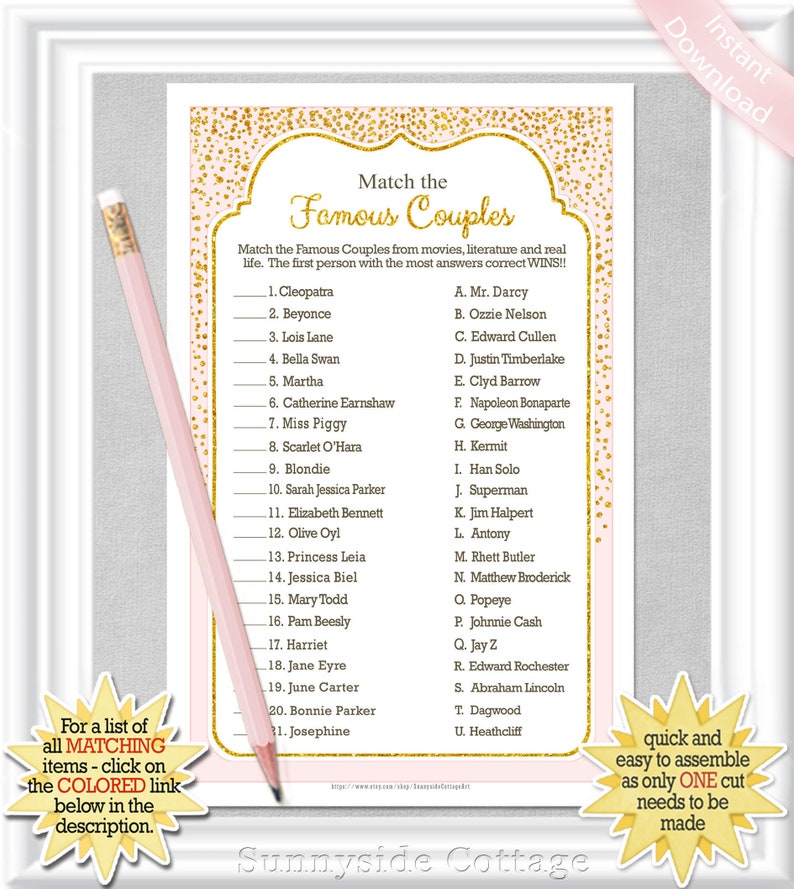 Match the FAMOUS COUPLES game bridal shower engagement Etsy
