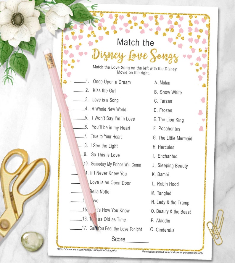 Match The Disney Love Songs Bridal Shower Game With Gold And Etsy