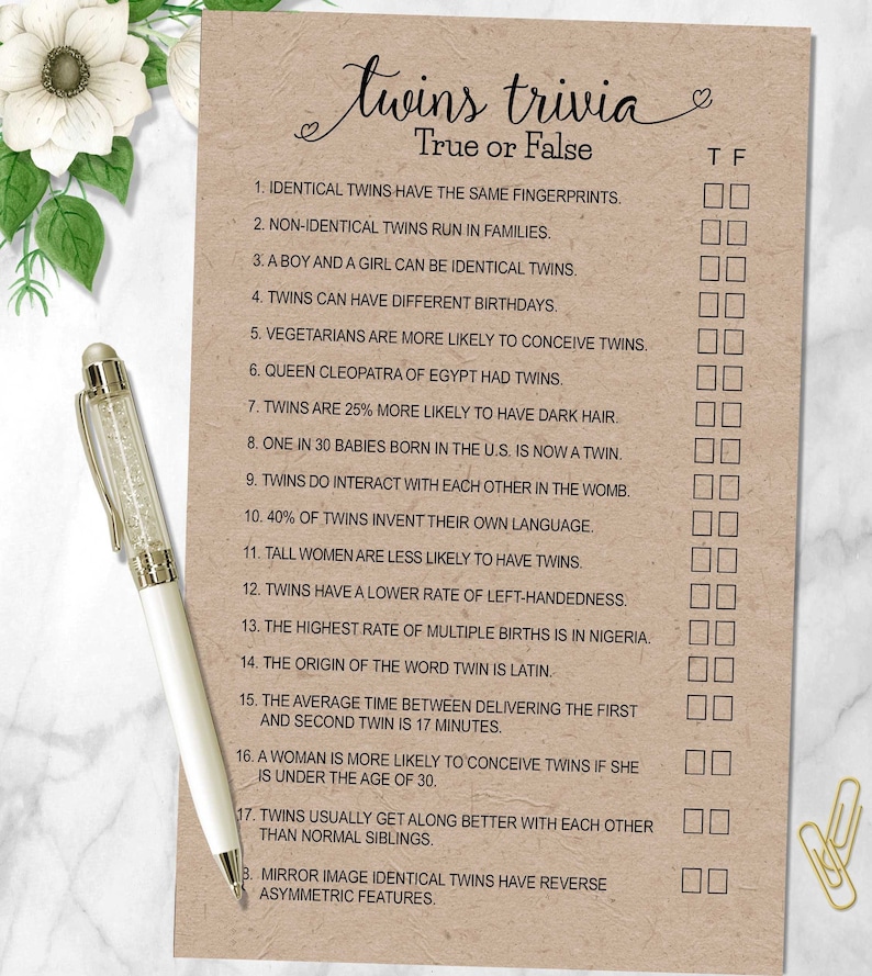 TWINS Trivia TRUE or FALSE Trivia Baby Shower Game Answers Etsy