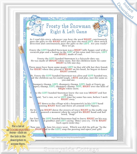 RIGHT and LEFT Story/Game, Frosty the Snowman Winter or Christmas party game, White Elephant Game, Cookie Exchange, Baby/Bridal shower game
