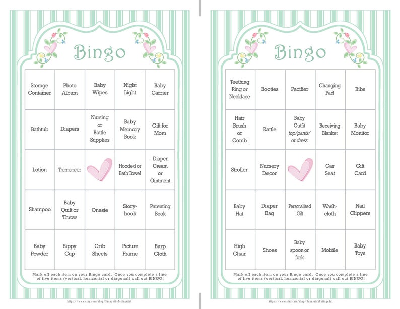 Diy Printable Instant Download Bingo 57ba Pre Populated 66 Card Baby Shower Bingo Game In Classic Style With Green Ticking Stripes Paper Party Supplies Party Favors Games Shantived Com