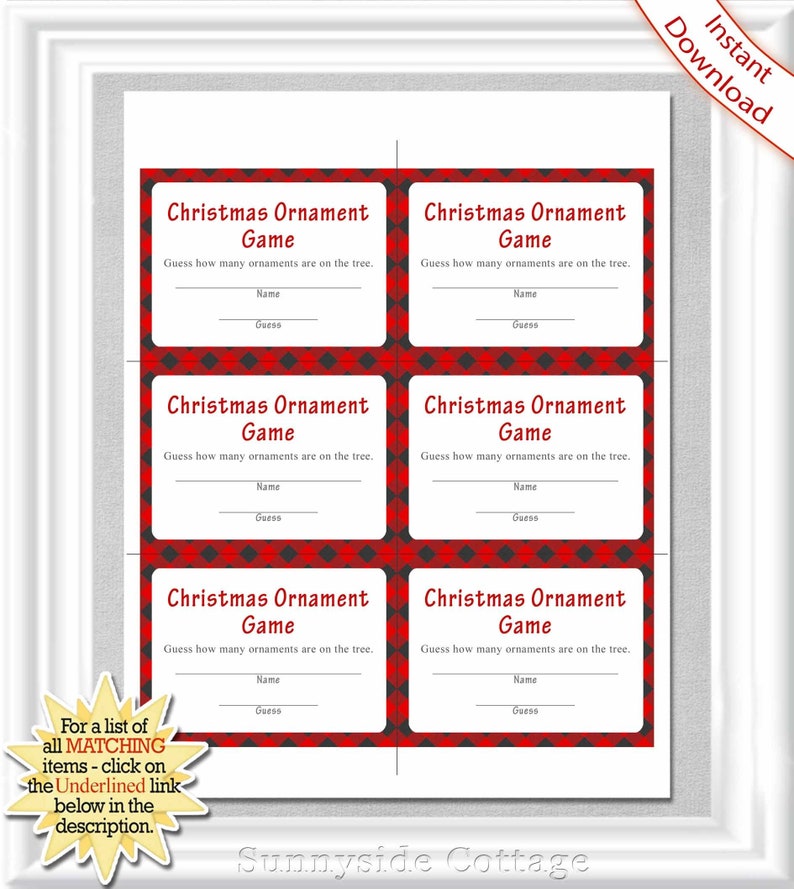 CHRISTMAS ORNAMENT Guessing Cards 4 X 3 6 per Etsy