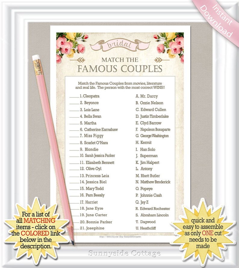 Match the FAMOUS COUPLES game Bridal Shower game with vintage Etsy