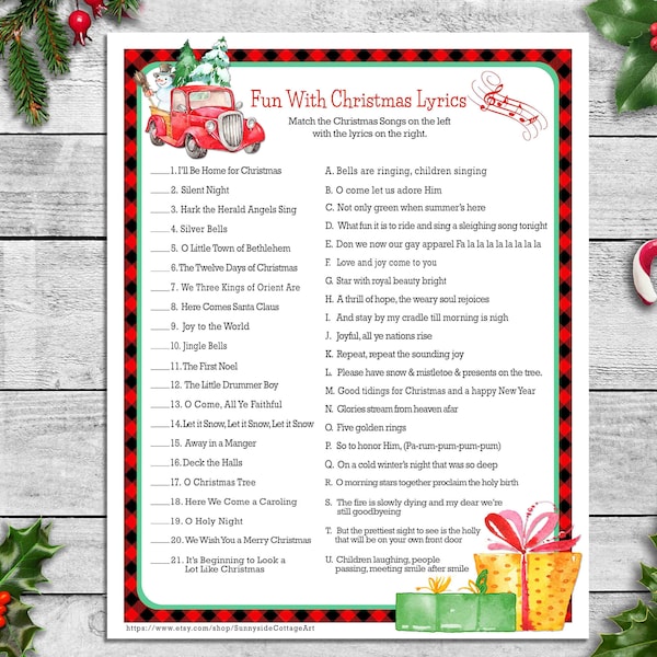 Fun with Christmas Lyrics Game, Christmas Songs Game - a red plaid lumberjack theme, Family, Friends or Office Party Game, ANSWERS included