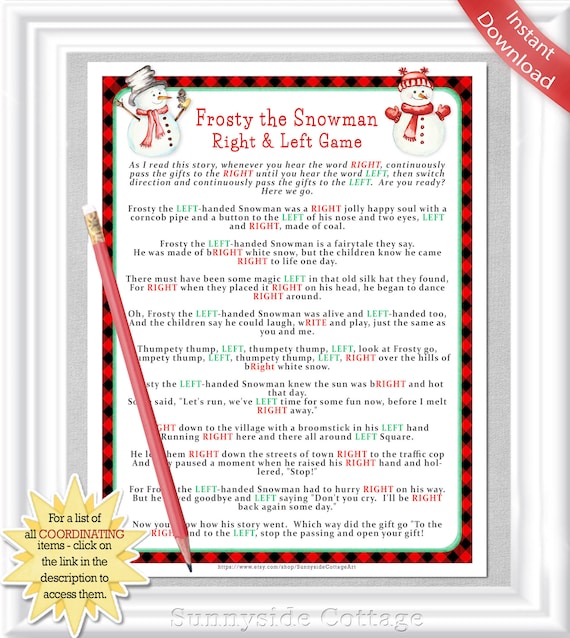 Right And Left Frosty The Snowman Game With Buffalo Checks Etsy