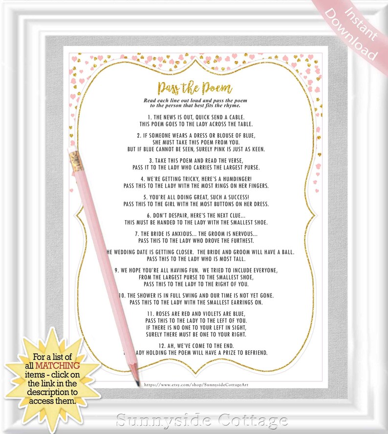 Bridal PASS the POEM Bridal Shower Game Instant Download Etsy