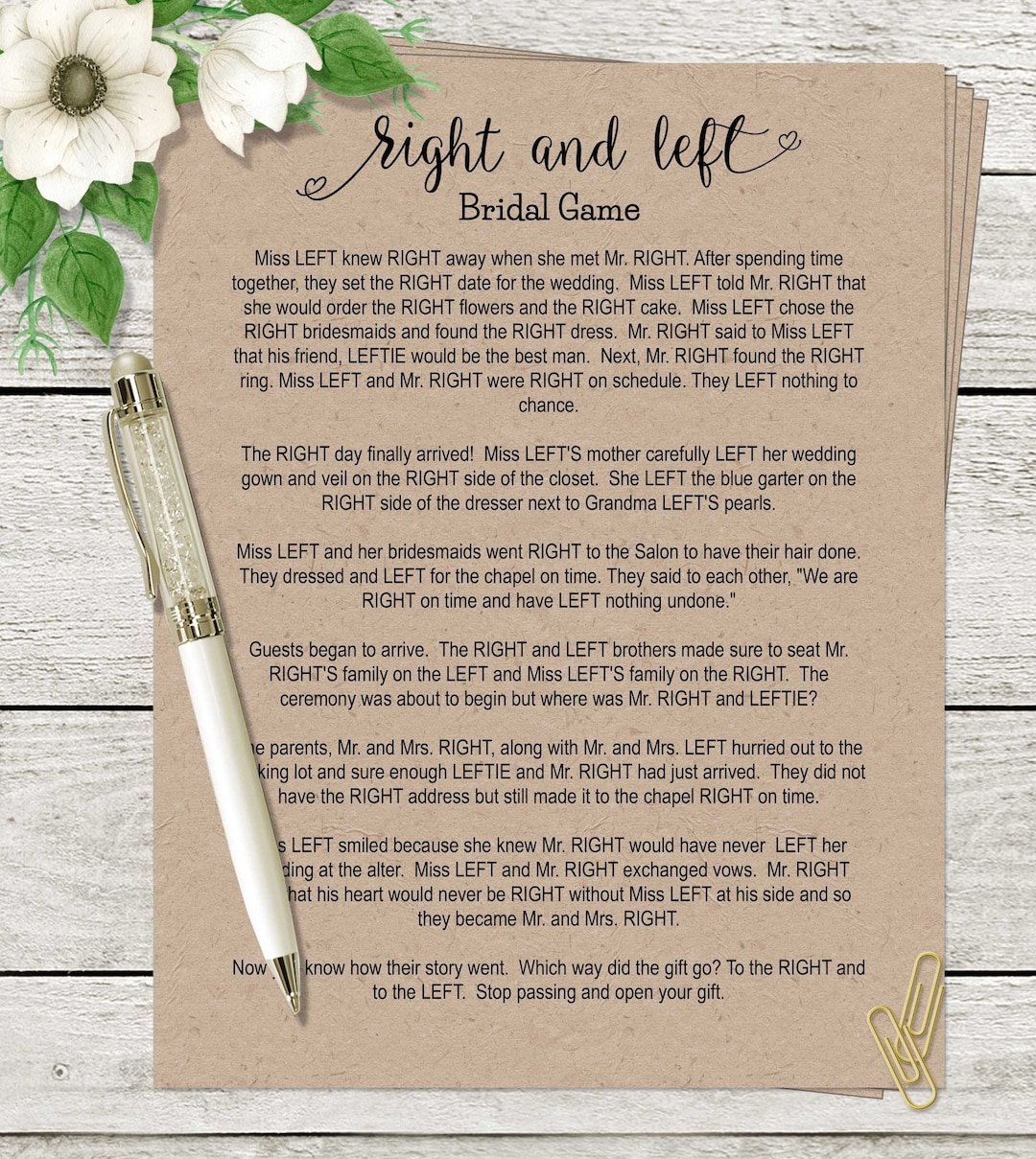 RIGHT AND LEFT Bridal Shower Game(instant Download),2 Versions,rustic Kraft Paper, Black &amp; White ...