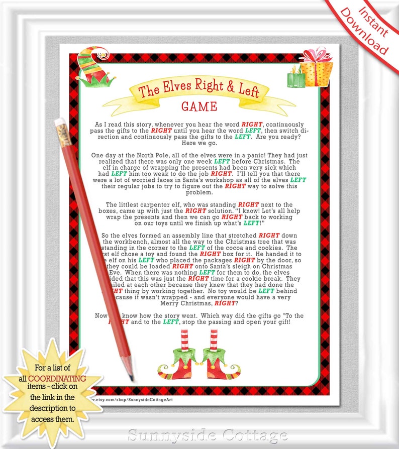 RIGHT and LEFT Christmas Game with ELVES, White Elephant Game in a red lumberjack plaid design, Holiday Office Party Game, Family Game, image 1