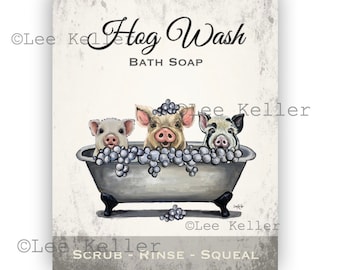 Pig Bathroom Art Print. Canvas or Fine Art Paper Bathtub Pig art, Funny Pig in Tub Art, Pig Bathroom Decor - Bubblebath Art