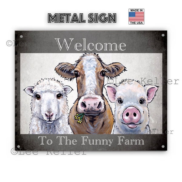 Welcome to the Funny Farm Tin Sign, Cow, Pig, Sheep Metal Sign, Farm Trio Sign, Fun Farm Animal Metal Sign