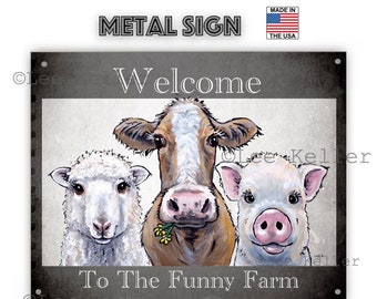 Welcome to the Funny Farm Tin Sign, Cow, Pig, Sheep Metal Sign, Farm Trio Sign, Fun Farm Animal Metal Sign