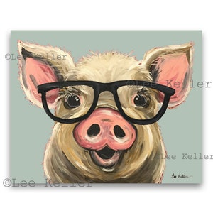 Pig art, pig decor. Pig with glasses print from original Pig painting. Funny Pig art, cute whimsical pig art