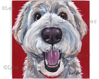 May include: A close-up portrait of a white and brown dog with a happy expression. The dog has a pink tongue sticking out and its eyes are wide open. The background is a solid red color.