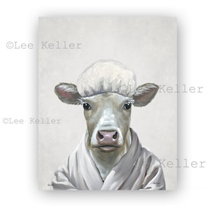 Farmhouse Cow Bathroom Decor - Farm Animal Bathroom Art - Cow with Robe And Shower Cap Art Print - Funny Cow Bathroom Art