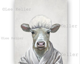 May include: A painting of a cow wearing a white bathrobe and a shower cap. The cow has a light brown and white coat and a pink nose. The background is a light gray.