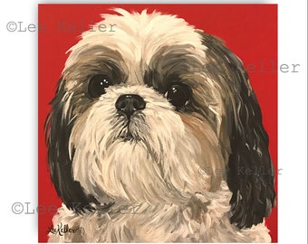 May include: A painting of a Shih Tzu dog with white and brown fur, looking up with big brown eyes. The dog is painted on a red background.