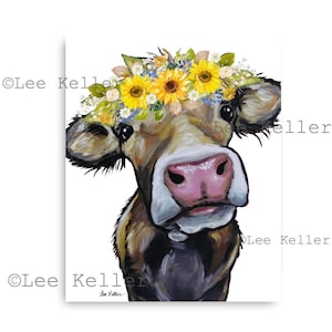 Cow art print, Sunflower Cow Art, Cow with Sunflower Crown, Farmhouse cow art, Cow on canvas art, Fine art or canvas cow print