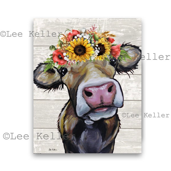 Cow art print from original canvas cow painting. Cow with Flower Crown, Farmhouse cow art, Cow on canvas art, Fine art or canvas cow print