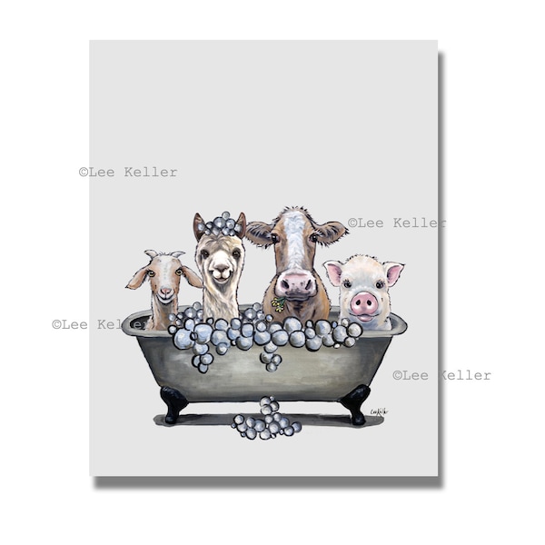 Farm Animal Bathroom Decor - Farmhouse Cow Goat Pig Alpaca in Tub Art - Animals in Bathtubs Art Print - Farm Animal Bathroom Art