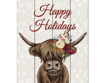 Holiday Highland Cow Wood Wall Decor, Christmas Highland Pallet Art,  Holiday Cow on Wood Art, Farmhouse Cow Wall Art, "Happy Holidays"