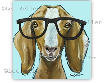 Goat art, Goat with glasses print, cute goat decor, Goat fine art print, canvas goat art, Cute goat art, fun goat art, goat bathroom art