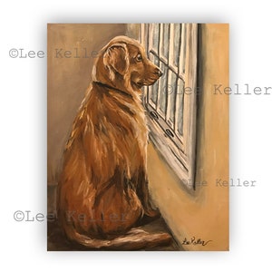 Golden Retriever art print from original Golden Retriever in window canvas painting, canvas and paper options