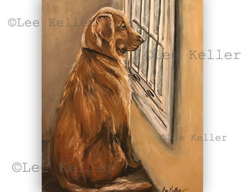 Golden Retriever art print from original Golden Retriever in window canvas painting, canvas and paper options