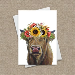 Sunflower Highland Cow Card &#39;Fergus&#39;, 5x7&quot; Highland Cow Greeting Card, Cows Greeting Cards