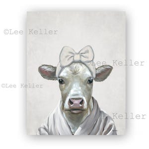 Farmhouse Cow Bathroom Decor - Farm Animal Bathroom Art - Cow with Robe And Bow Art Print - Funny Cow Bathroom Art
