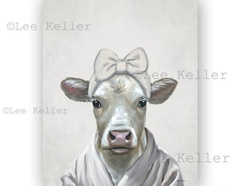 May include: A white cow wearing a white bathrobe and a white bow on its head. The cow has a light brown nose and hooves. The background is a light gray.