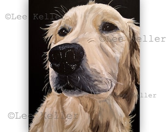 May include: A painting of a golden retriever dog with a light brown coat and black nose. The dog is looking up and to the right, with a soft expression on its face. The background is black.