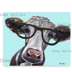 Cow art print from original canvas cow painting.  Farmhouse cow art, Cow with glasses art print, cow art print for kitchen, nursery etc
