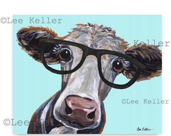 Cow art print from original canvas cow painting.  Farmhouse cow art, Cow with glasses art print, cow art print for kitchen, nursery etc