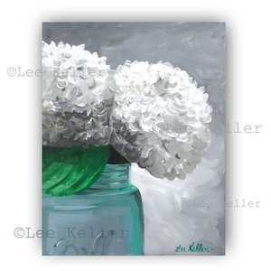 Hydrangea in mason jar print from original painting, hydrangea decor, Farmhouse style art, Farmhouse flower art, Mason Jar Art, Ball Jar Art