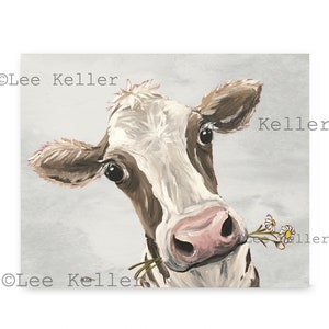 Canvas Cow Art Print. Cow prints, Farmhouse Cow Art. Cow with Flower in Mouth, Farmhouse Cow Art