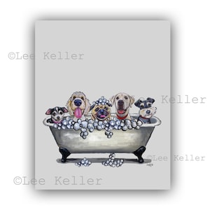 Dog Bathroom Art, Dog in Tub Art, Dog Animals in Bathtubs Art Print, Dogs Bathroom Art