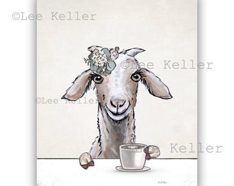 Goat Kitchen Art,  Goat with Coffee Art, Farm Animal Kitchen Art