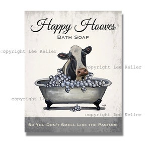 Cow Bathroom Art, Cow in Tub Art. Cute Cow Bathtub Art, Funny Cow Art, Cow Vintage Style Bathroom Decor