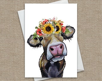 Sunflower Cow Card 'Hazel', 5x7" Cow Greeting Card, Cows Greeting Cards