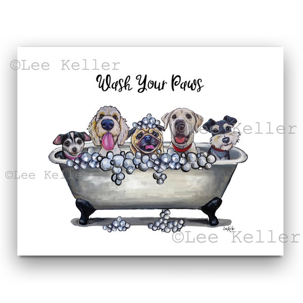 Dog Bathroom Sign, Wash Your Paws Dogs in Tub Art, Dogs in Bathtub Art Print, Funny Dog Bathroom Decor