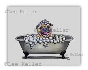 Pug Bathroom Art, Pug In Tub Art, Pug Bathroom Decor, Funny Pug Art