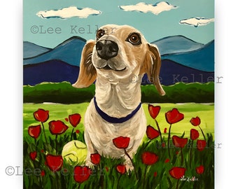 Dachshund Art Print, Fun Colorful Dachshund dog art. Canvas or paper prints. Piebald Dachshund art