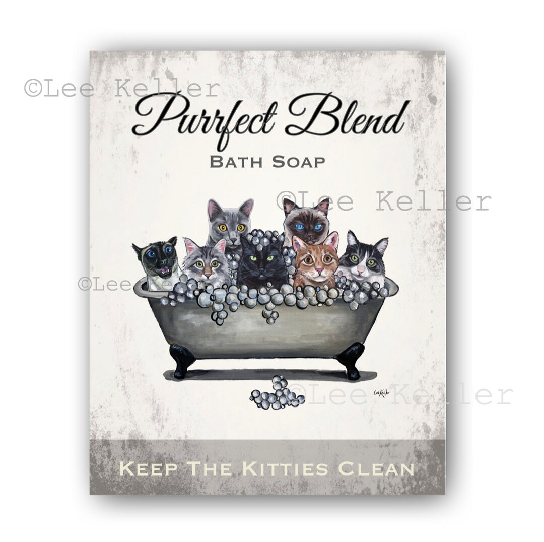 Cat Bathroom Sign, Wash Your Paws Cat in Tub Art, Cats in Bathtub Art ...