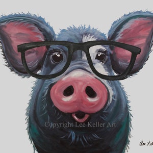 Pig art, pig decor. cute pig with glasses on canvas or fine art paper. Farmhouse pig art, cute pig nursery, kitchen art, Fun pig art print