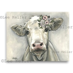 Cow with Boho Flowers art, Farmhouse decor. Cow print from original Cow on canvas painting. Cute Cow with Pastel flowers canvas art