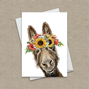 Sunflower Donkey Card &#39;Raymond&#39;, 5x7&quot; Donkey Greeting Card, Donkeys Greeting Cards