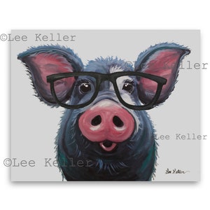 Pig art, pig decor. cute pig with glasses on canvas or fine art paper. Farmhouse pig art, cute pig nursery, kitchen art, colorful pig art